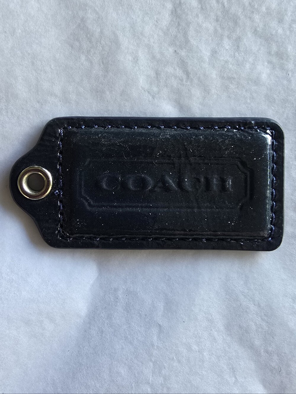 Coach Glossy NAVY BLUE Patent Leather Bag Tag with Metal Eyelet with Chain EUC